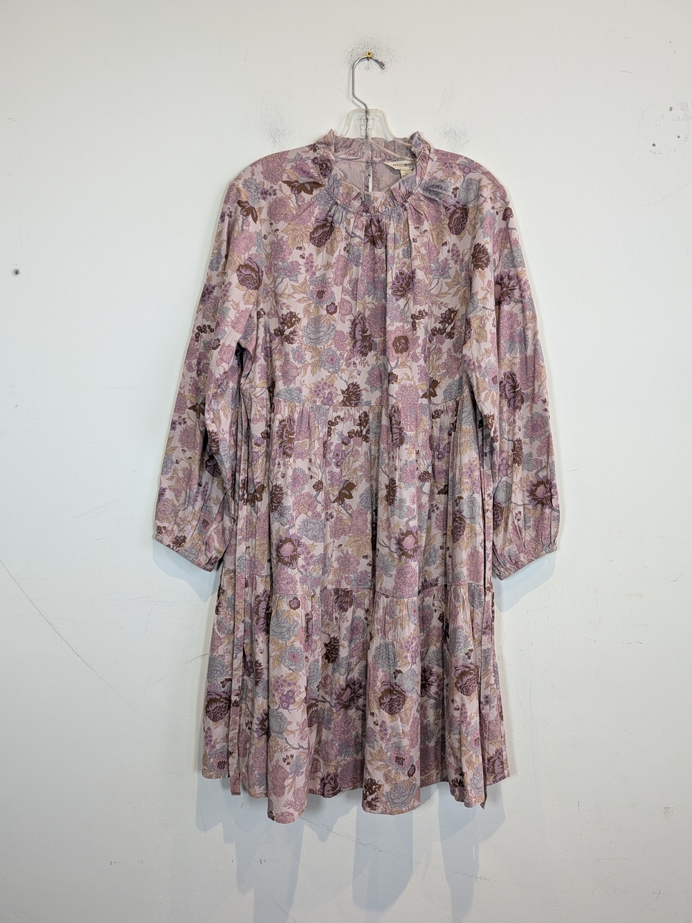 April Cornell Floral Pink Long-Sleeve Tiered Dress, Size L